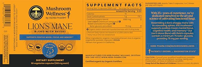 Mushroom Wellness Lion’s Mane Blend with Reishi: Organic Lion's Mane & Reishi Mushroom Capsules, Mushroom Powder Supplement, Supports Cognitive Health, Memory, and Mental Focus, 90 Vegan Capsules
