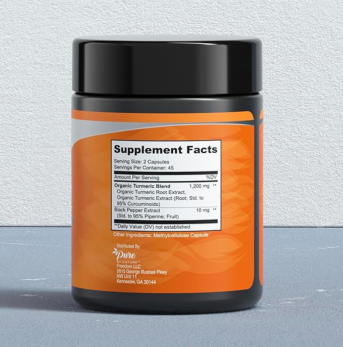 Pure By Nature Turmeric Curcumin Supplement with Black Pepper Extract - 95% Curcuminoids Turmeric Supplement, Organic High Absorption Antioxidant Support for Joint Immune Health – 1200mg/Serving (90)