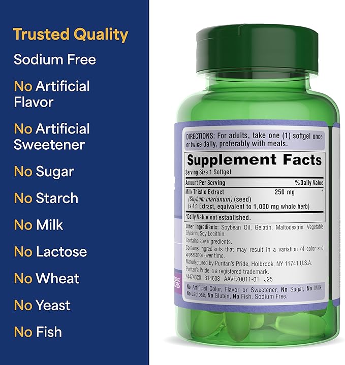 Puritan's Pride Milk Thistle Silymarin 4:1 Concentration Extract 250 mg (1000 mg Equivalent), Dietary Supplement for Traditional Liver Support, 6 Month Supply, 180 Count