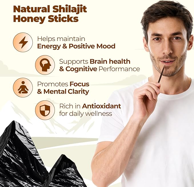NATURAL SHILAJIT Honey Sticks - Shilajit Resin with Raw Honey, Fulvic Acid & Trace Minerals, Plant Based Nutrients for Energy, Immune Support & Vitality - 30 Shilajit Sticks