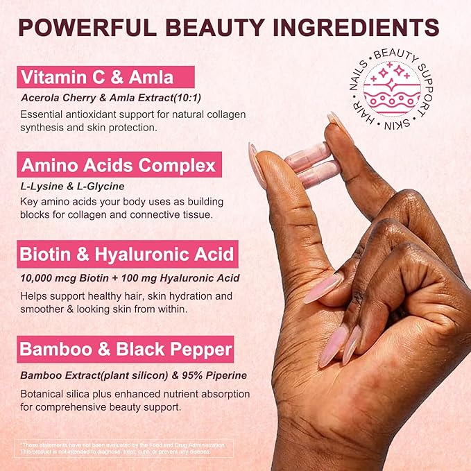 Vegan Collagen Booster with Biotin 10,000 mcg, Hyaluronic Acid, Bamboo Silica, Vitamin C & Zinc, Plant Based Hair Skin & Nails Support for Women & Men, 90 Vegan Capsules