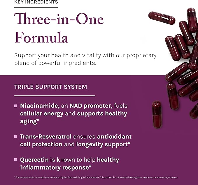 Reserveage NAD Resveratrol Plus+ - Antioxidant Support for Brain Health, Heart Health, Cellular Energy & More - 30 Veggie Capsules (30 Servings)