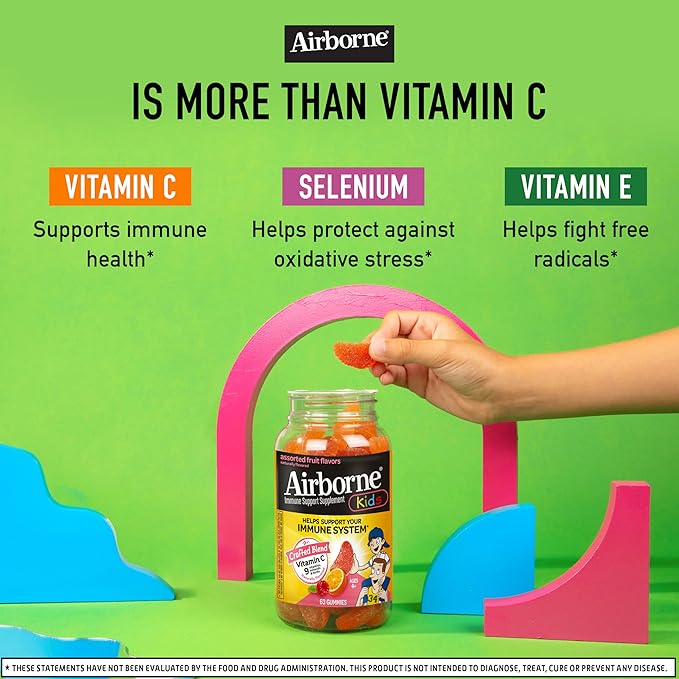Airborne 500mg Vitamin C + Zinc Immune Support Supplement Gummies for Kids, Assorted Fruit Flavor, Gluten Free Crafted Blend with Powerful Antioxidants Vitamins C & E, 63 Gummies