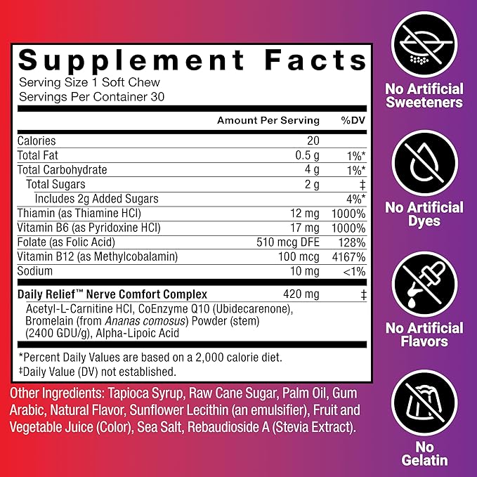 Force Factor Daily Relief Nerve Supplement with Alpha Lipoic Acid, B Vitamins, CoQ10 & Acetyl-L-Carnitine HCl for Nerve Discomfort in Hands, Feet, Toes & Fingers, Blueberry Acai, 30 Soft Chews