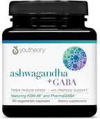 Youtheory Ashwagandha + GABA - Adaptogenic Blend with Organic KSM-66 & Ginger - Aids Stress Relief & Mood* - Supports Energy Levels* - 60 Vegetarian Capsules (30-Day Supply)*