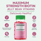 Human Beanz Biotin Jelly Bean Gummy Vitamins, Max Strength Biotin for Hair, Skin and Nails, 10,000mcg per Serving, Hair Growth Vitamins for Men and Women, 120 Strawberry Blast Jelly Beans, Kosher