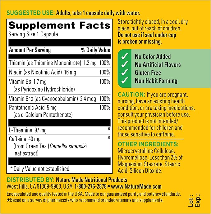 Nature Made Focus Boost Capsules, Green Tea Caffeine + L Theanine, B Vitamins, Fast Acting Focus Supplement, 30 Capsules, 30 Day Supply