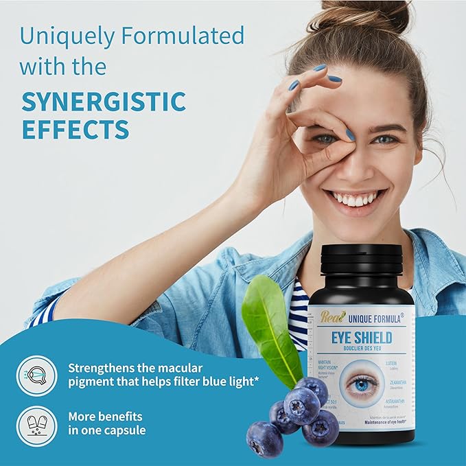 Eye Shield Supplement with Bilberry Extract, Lutein, Zeaxanthin, Astaxanthin, and Beta-Carotene - Supports Dry Eyes, Vision Health, and Night Vision, 90 Veg Capsules
