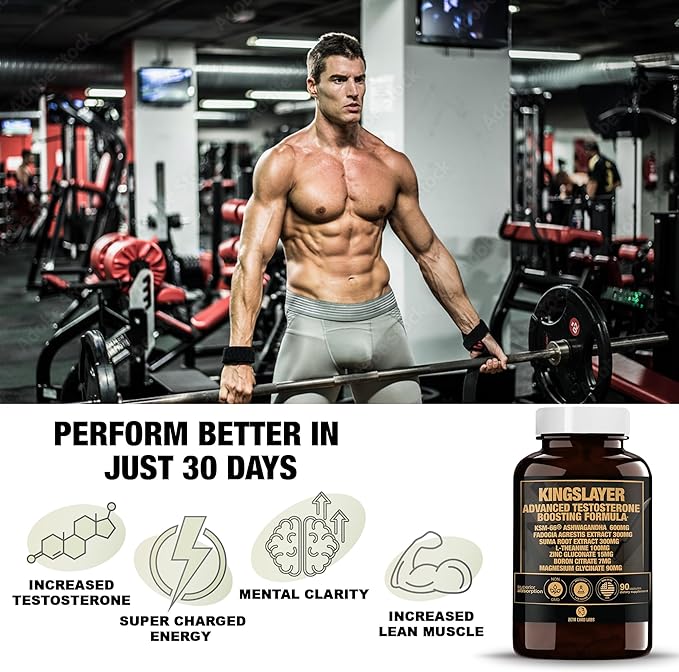 Kingslayer: 7-in-1 Testosterone Booster for Men w/KSM-66, Fadogia, Suma Root, L-Theanine, Zinc, Boron, Magnesium – Muscle, Energy, Libido & Focus