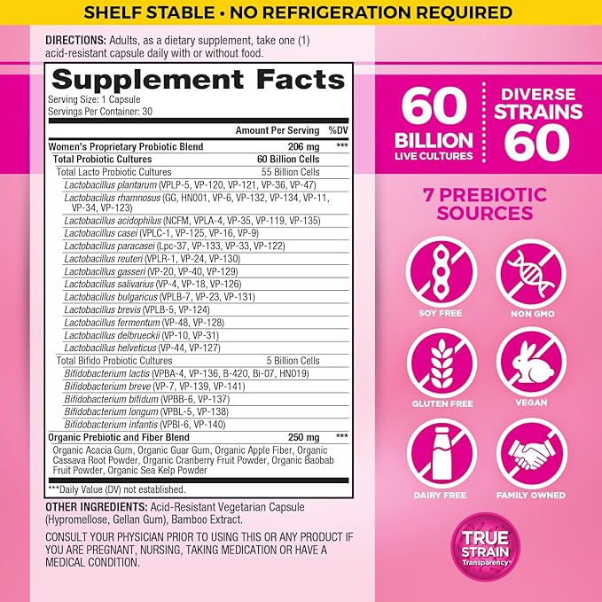 Vital Planet - Vital Flora Probiotics for Women 60 Billion CFU, Diverse Strains, Daily Shelf Stable Probiotic with Organic Prebiotics, for Vaginal Support, Immune and Digestive Health 30 Capsules