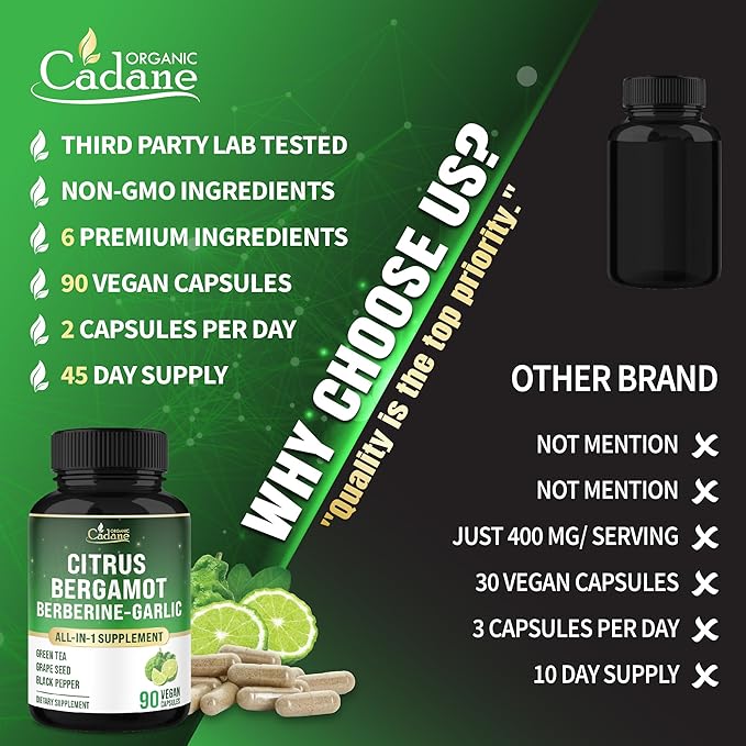 Cadane Citrus Bergamot Supplement with Berberine, Garlic, Green Tea, Grape Seed & Black Pepper | Wellness & Vitality Support | Vegan, Non-GMO – 90 Capsules – 45-Day Supply