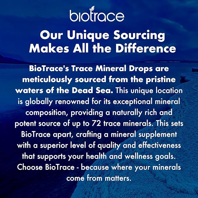 BioTrace Dead Sea Trace Mineral Drops | 72+ Concentrated Trace Minerals, Ionic Liquid Magnesium, Chloride, Potassium | Low Sodium | Energy, Electrolytes, Hydration | 24 Day Supply, 2 fl oz (Pack of 1)
