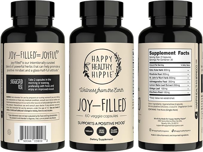 Joy-Filled Mood Support Supplement - 7 Herb Complex + St. Johns Wort | Stress Relief – Helps Calm The Mind & Body | 100% Plant-Based Happy Pills, Ashwagandha, Rhodiola Rosea | Adaptogens, 60 Ct