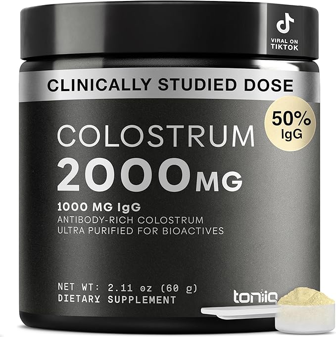 Toniiq Bovine Colostrum Powder Supplement 2000mg - 50% IgG for Gut Health, Immune Support & Skin - French Colostrum Farm-to-Jar Traceable, Microfiltered, Third-Party Tested - 30 Servings