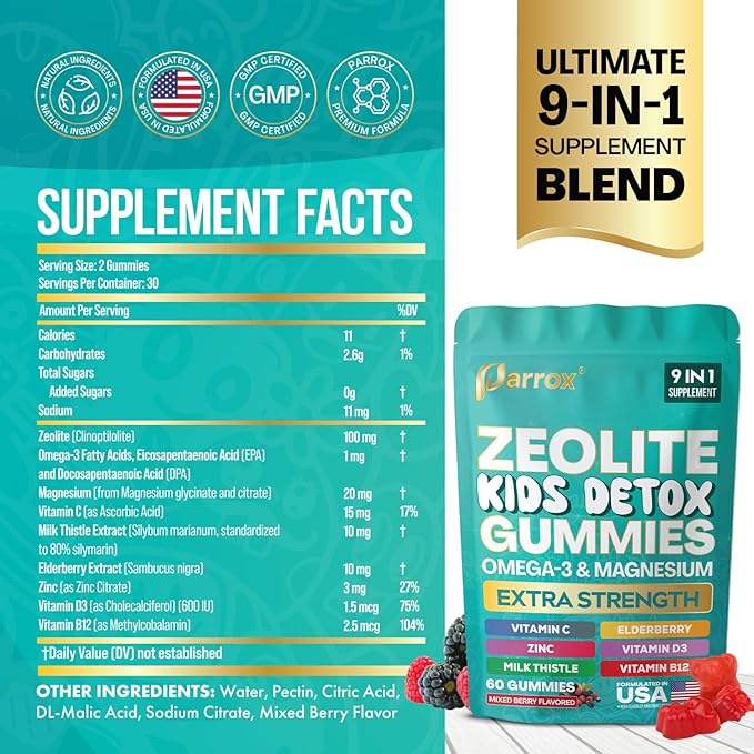 Zeolite Kids Gummies, 9-in-1 with Zeolite, Omega-3, Magnesium, Elderberry, Vitamin C, Milk Thistle, Vitamin D3, Zinc, B12 – Sugar-Free (60 Gummies – Mixed Berry Flavor)