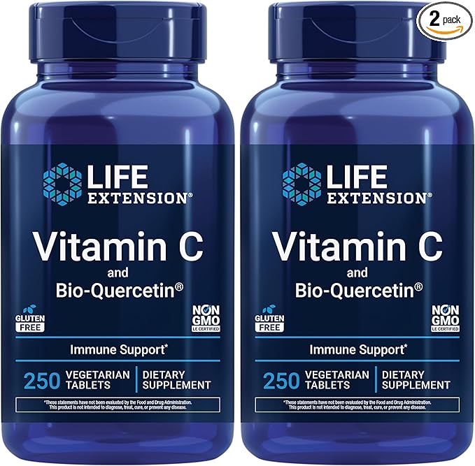 Life Extension Vitamin C and Bio-Quercetin®,Cardiovascular Health Supplement,Immune Support,Highly absorbable,quercetin,Vitamin C,Gluten Free,Non-GMO,Vegetarian,250 Tablets,(Pack of 2)