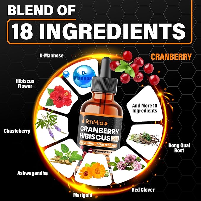 Cranberry Extract Liquid for Women - 18in1 with D-Mannose & Probiotics, Hibiscus, Chasteberry, Ashwagandha, Marigold, Red Clover, Dong Quai and More - 1 Fl Oz