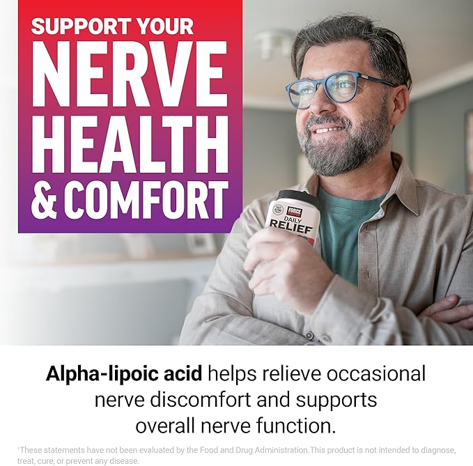 Force Factor Daily Relief Nerve Supplement with Alpha Lipoic Acid, B Vitamins, CoQ10 & Acetyl-L-Carnitine HCl for Nerve Discomfort in Hands, Feet, Toes & Fingers, Blueberry Acai, 30 Soft Chews