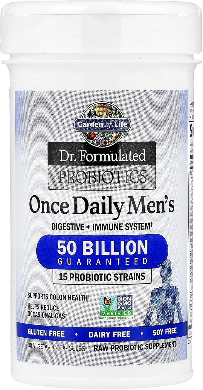 Garden of Life Probiotics for Men, Dr Formulated 50 Billion CFU 15 Probiotics for Digestive Health + Organic Prebiotic Fiber, Colon & Immune Support, Daily Gas Relief, Shelf Stable, 30 Capsules