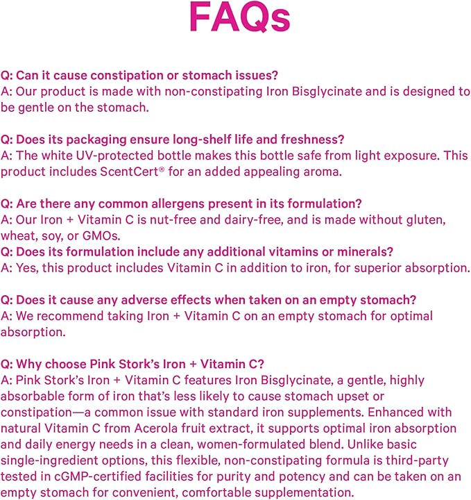 Pink Stork Iron for Women – 18 mg Non-Constipating Iron Bisglycinate + Vitamin C for Optimal Absorption – Energy, Focus, & Oxygen Supply – PMS, Pregnancy, Postpartum & Perimenopause - 60 Capsules