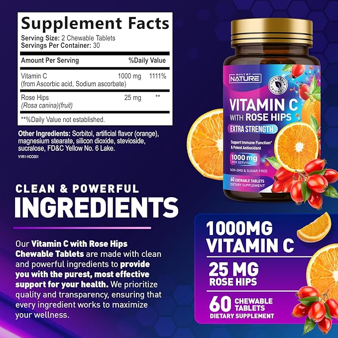 Built by Nature Chewable Vitamin C with Rose HIPS - 1000mg Immune Support Supplement - Non-GMO, Gluten-Free, Vegan - Powerful Antioxidant for Energy & Collagen Boost - Orange Flavor – 60 Tablets