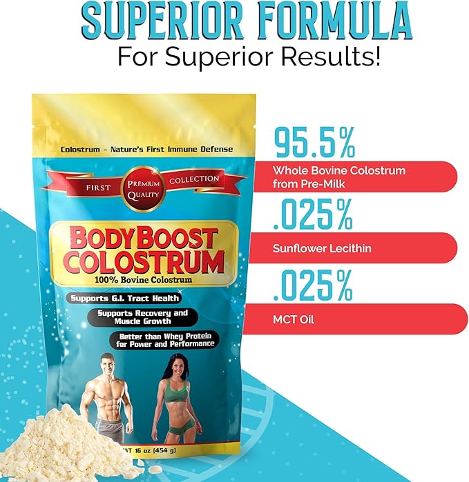 BodyBoost Colostrum Whole, 100% Bovine Colostrum Powder, Immune Booster Supplement with Immunoglobulin & Lactoferrin, Grass Fed Colostrum, Gut Health, Diverse Intake, 2x16 oz