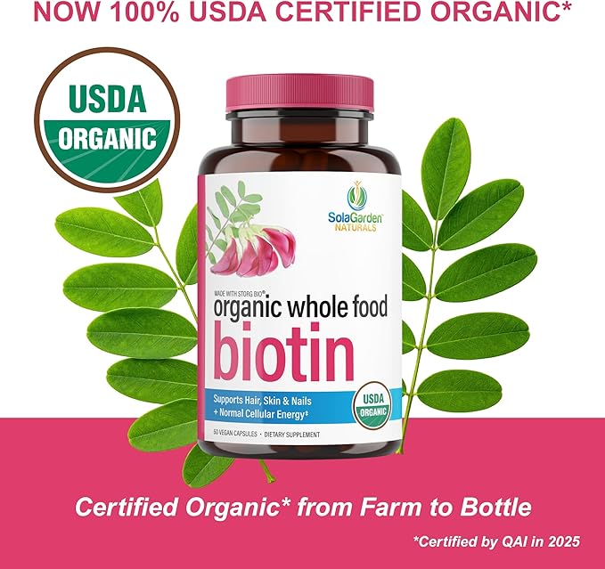USDA Organic Whole Food Biotin Supplement, Made with Plant-Based Biotin from Sesbania Agati Trees, by SolaGarden Naturals, 60 Non-GMO Vegan Capsules, Supports Hair, Skin, and Nails, Made in USA