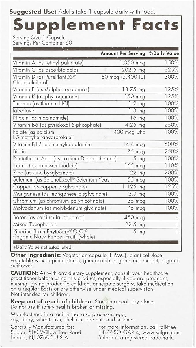 Solgar One Daily Men's Multi 50+ Whole Body Support for Men 50 and Older Highly Absorbable Delayed Release Heart, Energy, Stress, Muscle, Bone, Prostate Support Vitamin 60 Vegan Capsules, 60 Servings