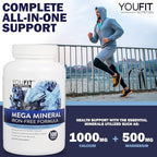 Mega Minerals Supplement by Youfit Nutrition | All 72 Trace Minerals | Premium Formula with Source of Minerals and Immune Health Support | Iron Free | All in One |1000mg Calcium 500mg Magnesium