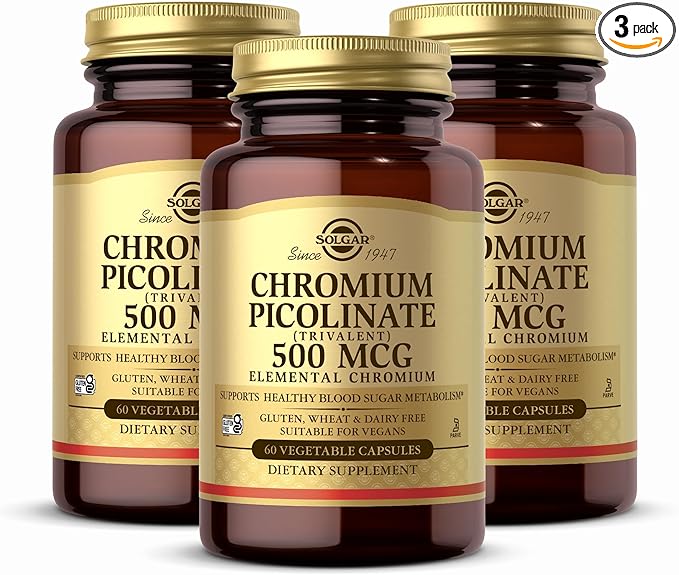 Solgar Chromium Picolinate 500 mcg - 60 Vegetable Capsules, Pack of 3 - Supports Sugar, Fat & Protein Metabolism - Non-GMO, Gluten Free, Kosher - 90 Total Servings