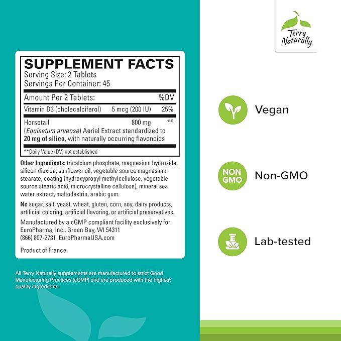 Terry Naturally Silica-20 - Support Hair Growth & Nail Strength - Collagen Supplement to Aid Bone Density & Strength - Skincare Supplement to Support Skin, Nail & Bone Health - 90 Tablets