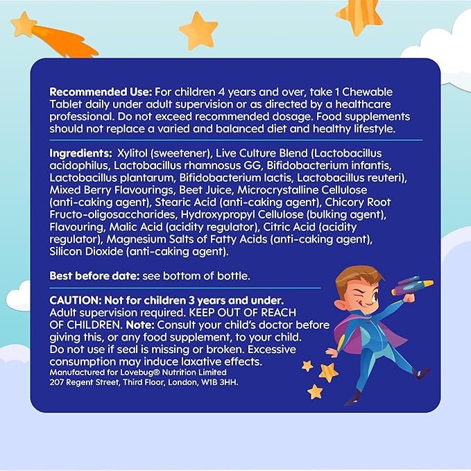 LOVEBUG Probiotics for Kids – Probiotic Chewables with Prebiotic Fiber for Age 4+,Daily Children's Gut Health & Digestive Support Supplement, Sugar-Free Berry Flavor, 30 Count