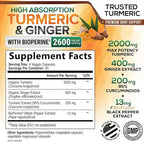 Turmeric Curcumin Supplement - 2000mg Organic Turmeric Per Serving - 95% Curcuminoids, Ginger & BioPerine Black Pepper for Best Absorption - Natural Vegan Joint Support, Bottled in USA - 120 Capsules