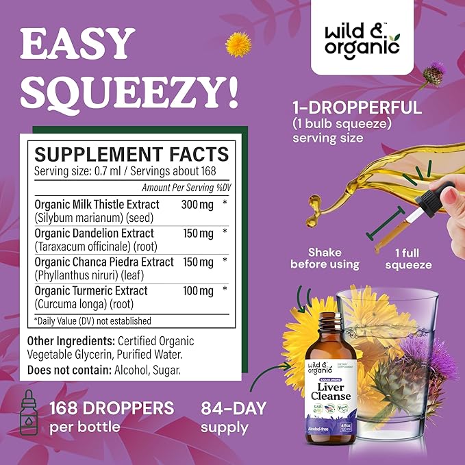 Wild & Organic Liver Cleanse Detox Tincture - Milk Thistle, Dandelion Root Herbal Complex - Liquid Liver Support Supplement - Vegan, Sugar & Alcohol-Free Milk Thistle Drops - 4 fl oz