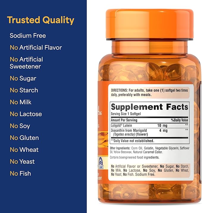 Puritan's Pride Zeaxanthin 4mg with Lutigold™ Lutein 10mg Carotenoids, Dietary Supplement for Healthy Eyes and Vision, 60 Easy-to-Swallow Rapid Release Softgels