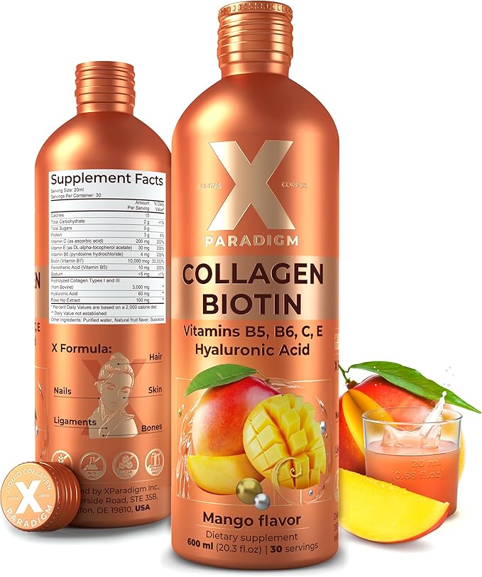 Liquid Collagen Peptides with Biotin & Hyaluronic Acid - Biotin 10000mcg, Hydrolyzed Collagen Type 1 and 3, Vitamins B5, B6, C & E - Liquid Collagen for Women and Men, Hair Skin and Nails Supplements