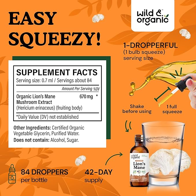 Wild & Organic Lions Mane Liquid Drops - Focus & Brain Support - Lions Mane Supplement - Hericium Erinaceus Mushroom Extract Tincture - Mix with Powder & Add to Tea - Alcohol & Sugar-Free - 2 fl oz
