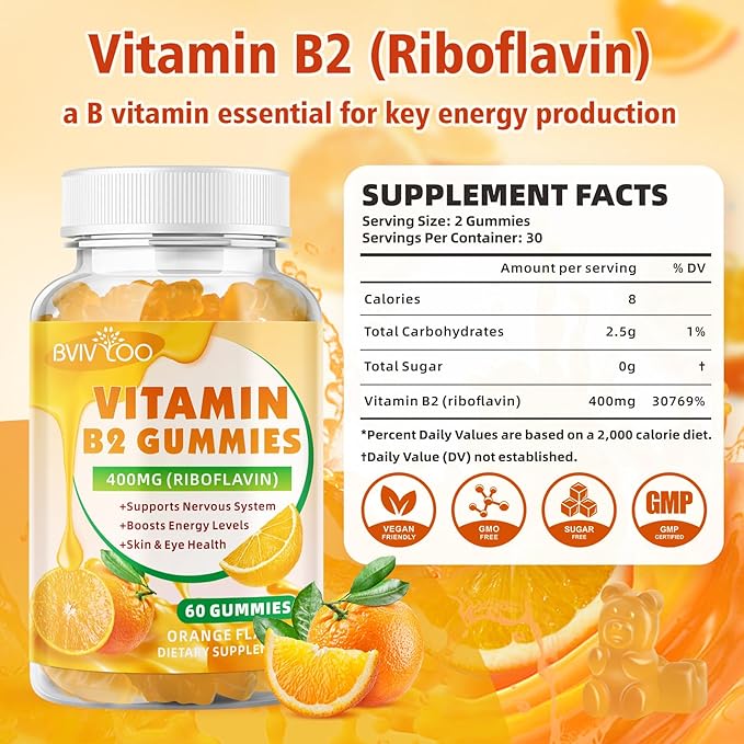 2 Pack Vitamin B2 Gummies - Riboflavin 400mg for Kids & Adults, Migraine Relief & Headache Relief, Vegan, Sugar-Free, Orange Flavor, 120 Gummies