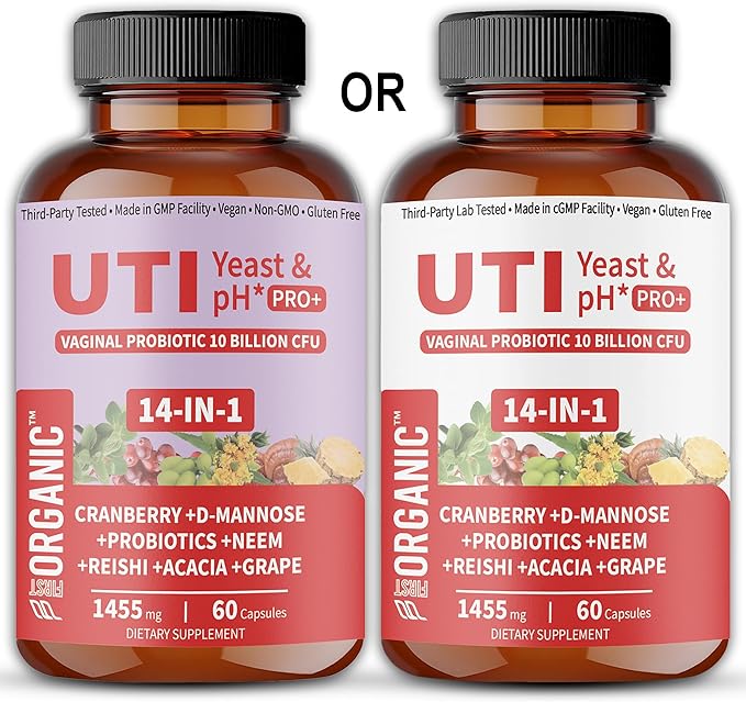 UTI Yeast & pH Pro+ | Pack of 2 | Daily Feminine Hydration & Balance Support with Cranberry, D-Manose, Aloe, Hibiscus | Third-Party Tested, cGMP Facility, Vegan, Gluten-Free | 60+60 Caps