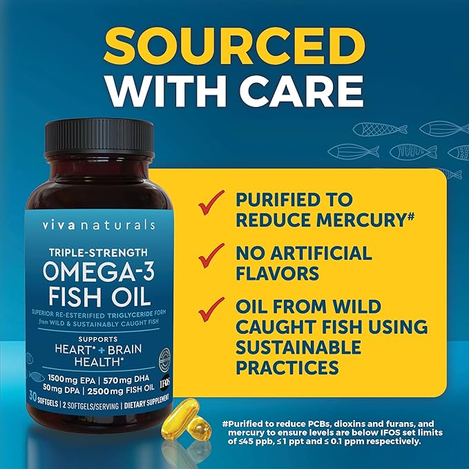 Viva Naturals Omega-3 Fish Oil, Triple Strength, 2500 mg, 30 Softgels – Re-Esterified Omega 3 Fatty Acids Including EPA, DHA, DPA - Pascatarian-Friendly