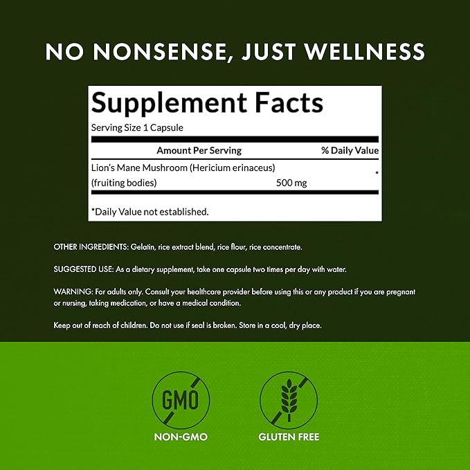 Swanson Lion's Mane Mushroom Brain Health Supplement for Professionals Seeking Mental Focus, Memory, and Clarity Support - 500 mg (60 Vegan Capsules, 4 Bottles)