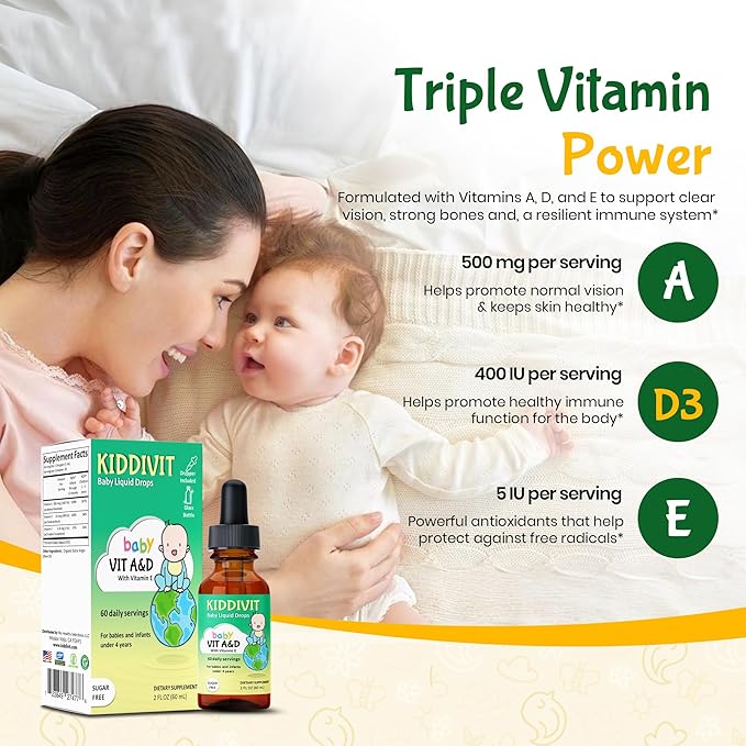 Kiddivit Baby Vitamin A&D Liquid Drops with Vitamin E – Gentle Immune & Vision Support Supplement – 60 Daily Servings, Dropper Included, Glass Bottle – Sugar Free, Gluten Free, Vegetarian, 2oz