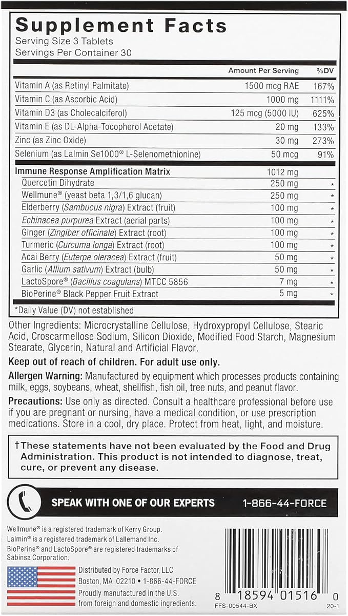 Force Factor Immunity, Immune Support Booster with Elderberry and 1000mg of Vitamin C, Plus Vitamin D, Zinc, Probiotics, Quercetin, Antioxidants, and Echinacea for Immune Health Defense, 90 Tablets