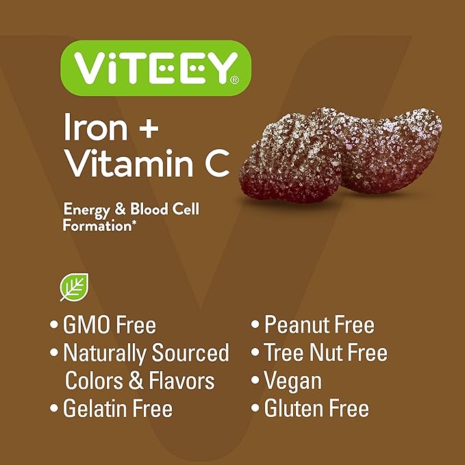 VITEEY Iron Gummies - Iron with Vitamin C - Energy, Bood Support and Anemia Supplement for Women & Men - Vegan, Gluten Free - 120 Count