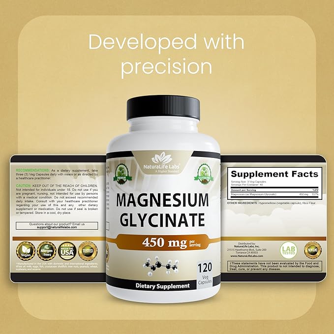 NaturaLife Labs Magnesium Glycinate - 450 mg per Serving – 120 Vegan Capsules - Non-GMO, Gluten-Free, Vegan