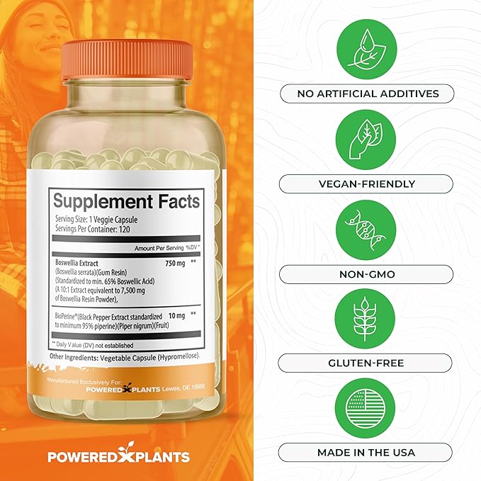 Boswellia Serrata Extract Joint Support Supplement by Powered by Plants – 65% High Potency Boswellic Acids with BioPerine – Supports Immunity, Mobility & Flexibility – 120 Vegan Capsules