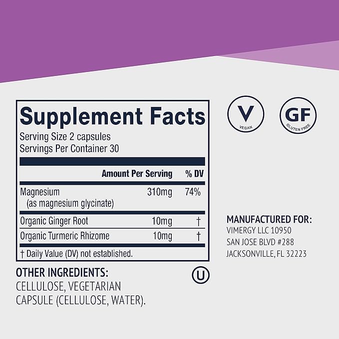 VIMERGY Magnesium Glycinate – Stress Support – Chelated to Avoid Tummy Upset*– Promotes Heart Health & Energy*– Kosher, Vegan Gluten-Free – 60 Caps