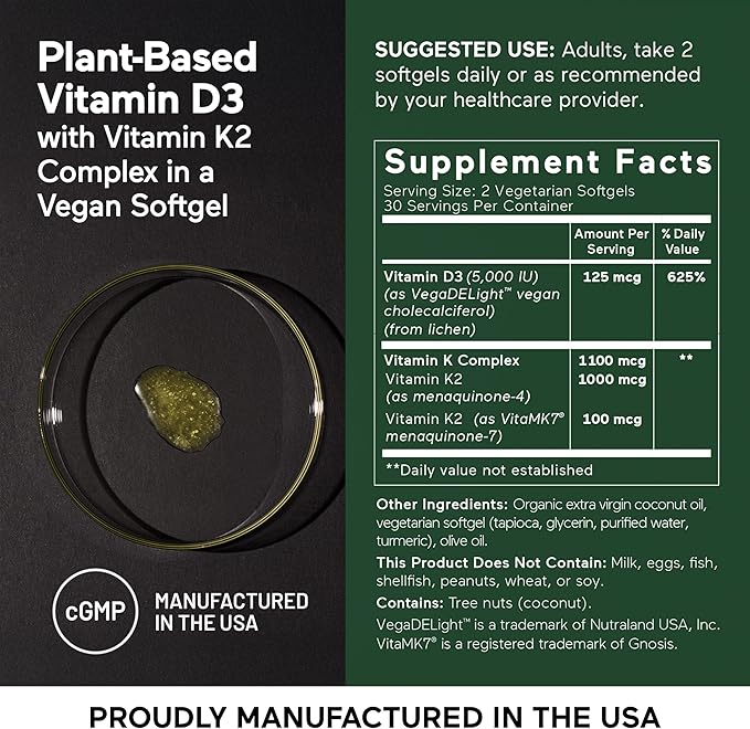 SMARTERNUTRITION Vegan Vitamin D3 5000 IU + Natural Vitamin K2 1100 mcg in Organic Coconut & Olive Oil - D3 K2 Supplement for Immune & Bone Support - 360 Softgels[180 Day Supply]
