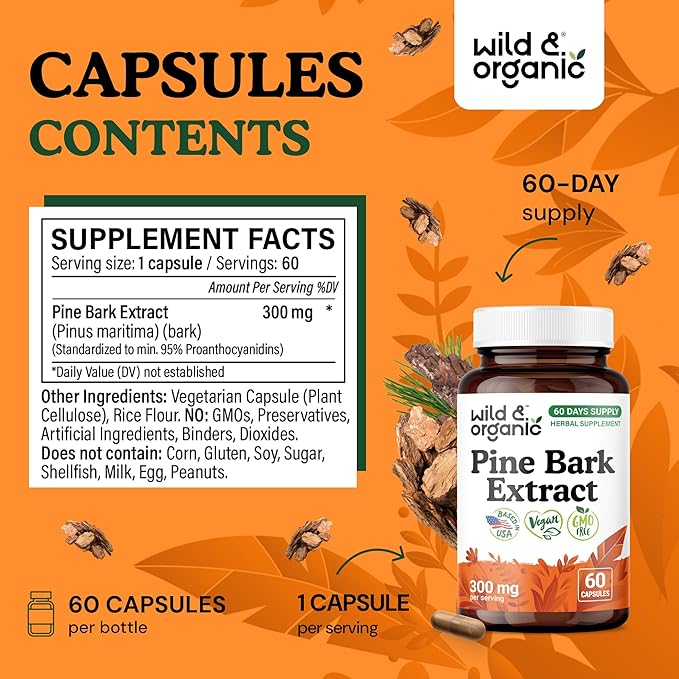 Wild & Organic Pine Bark Extract Capsules 300 mg - Antioxidant Support - 95% Proanthocyanidins - 60 Capsules - French Maritime Pine Bark Extract - 2-Month Supply - Pinus Maritima - Vegan, Non-GMO