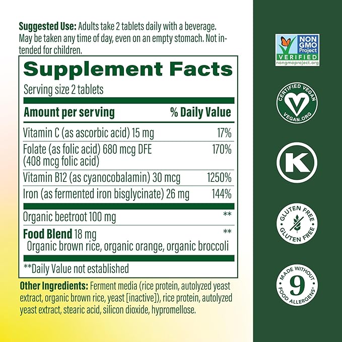 MegaFood Blood Builder Iron Supplement for Women & Men - Increase Iron Levels Without Side Effects - Combats Fatigue - Vitamin B12, Folic Acid & Vitamin C - Vegan - 72 Mini Tablets (36 Servings)